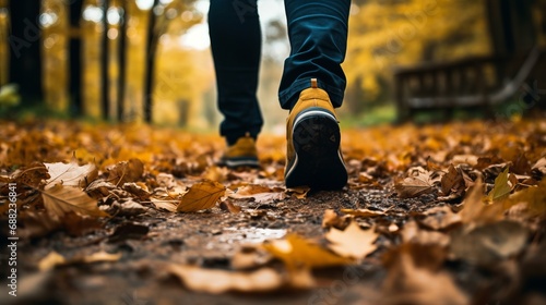 Feet of an athlete man run up in autumn weather with leaves on the ground, low angle shot photo