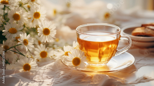 A cup of chamomile tea on the table in the morning light
