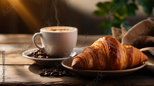 Morning coffee with croissants on a wooden table