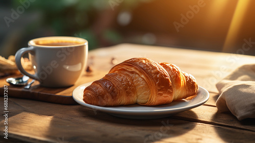 Morning coffee with croissants on a wooden table