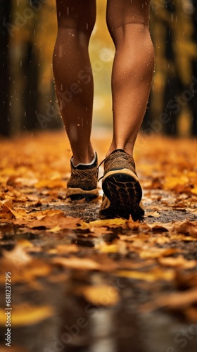 Feet of an athlete man run up in autumn weather with leaves on the ground, low angle shot