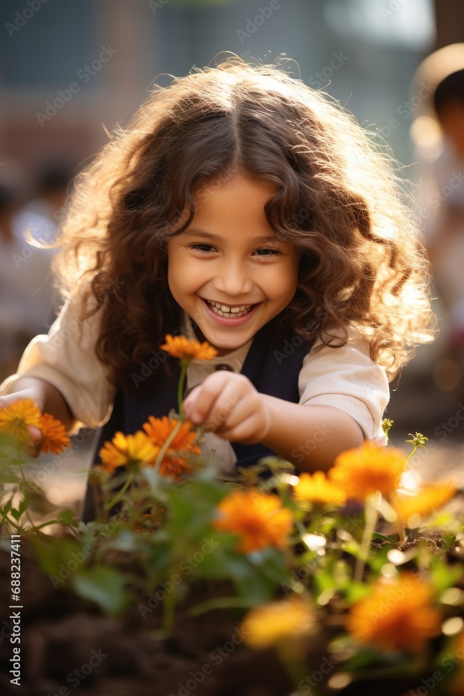 Happy girl is planting flower in the garden Happy girl is planting flower in the garden