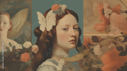 Vintage, antique portrait in the style of a neoclassical, baroque 18th century fresco of a delicate and enchanting young aristocratic woman looking at camera melancholy in autumn nature