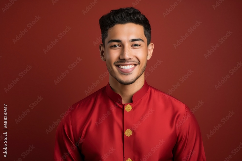 beautiful Young arab man smiling, wearing cheongsam, one color background, copy space, generative ai beautiful Young arab man smiling, wearing cheongsam, one color background, copy space, generative ai