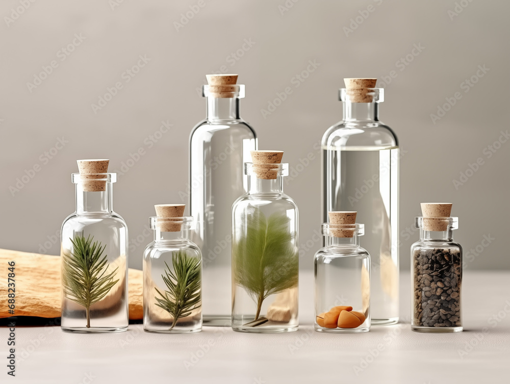 spa still life with essential oils, natural remedies for herbal aromatherapy. Little bottles of aromatic oil for health and body care. Mockup for massage and healing center promotion. Healthy lifestyl - obrazy, fototapety, plakaty 