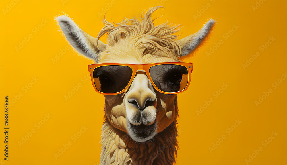Close-up of a llama with sunglasses, yellow background