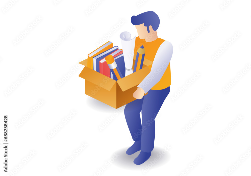 Man carrying school books in cardboard illustration concept Man carrying school books in cardboard illustration concept
