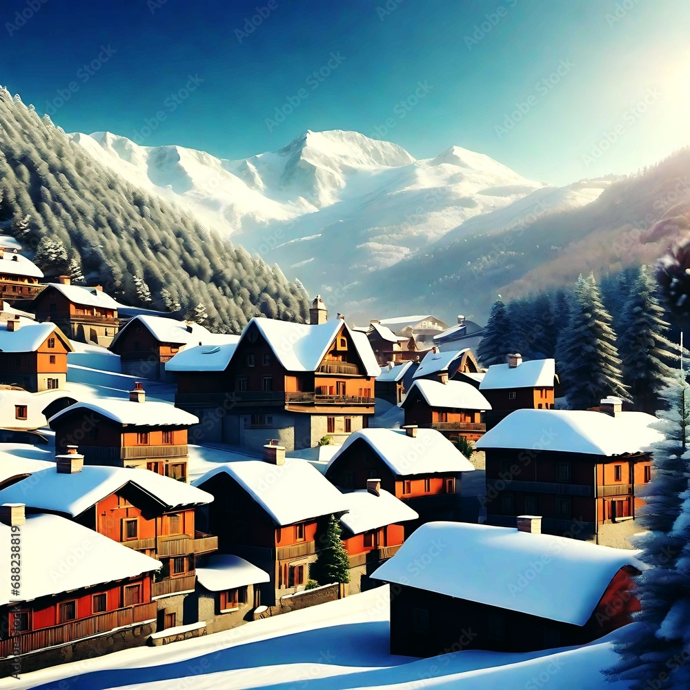 Snow Village Mountain Tree Landscape Winter panorama. A serene winter village nestled in a snow-covered valley surrounded by snow-capped mountains. Charming houses of varying sizes and shapes create a
