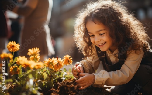 Happy girl is planting flower in the garden