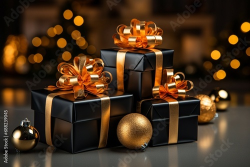 Realistic black Christmas gifts adorned with gold ribbons for a Black Friday sale