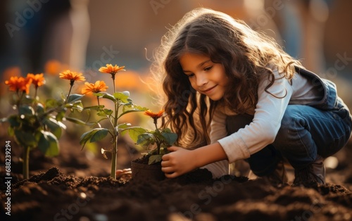 Happy girl is planting flower in the garden
