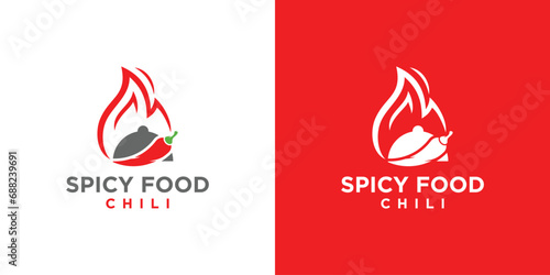 Spicy Food Logo Design. Chilli Close Serving Fire Logo Icon Symbol Vector Design Template.