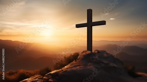 Silhouette Christian cross on mountain in sunrise background © David
