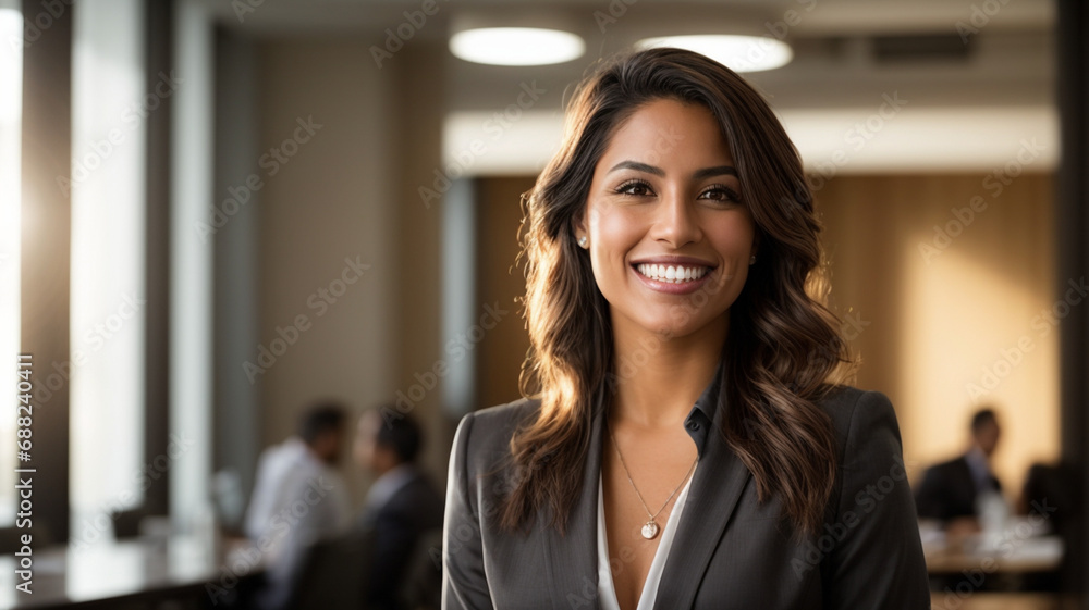 Happy young business woman ceo standing in office. Professional young smiling executive manager, proud lawyer, business leader, space for text Happy young business woman ceo standing in office. Professional young smiling executive manager, proud lawyer, business leader, space for text