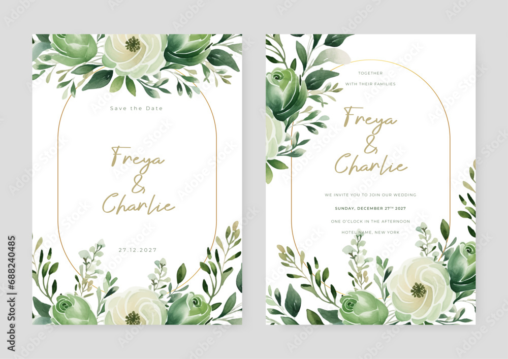 Green and white peonny floral wedding invitation card template set with flowers frame decoration
