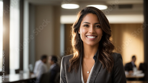 Happy young business woman ceo standing in office. Professional young smiling executive manager, proud lawyer, business leader,  space for text photo