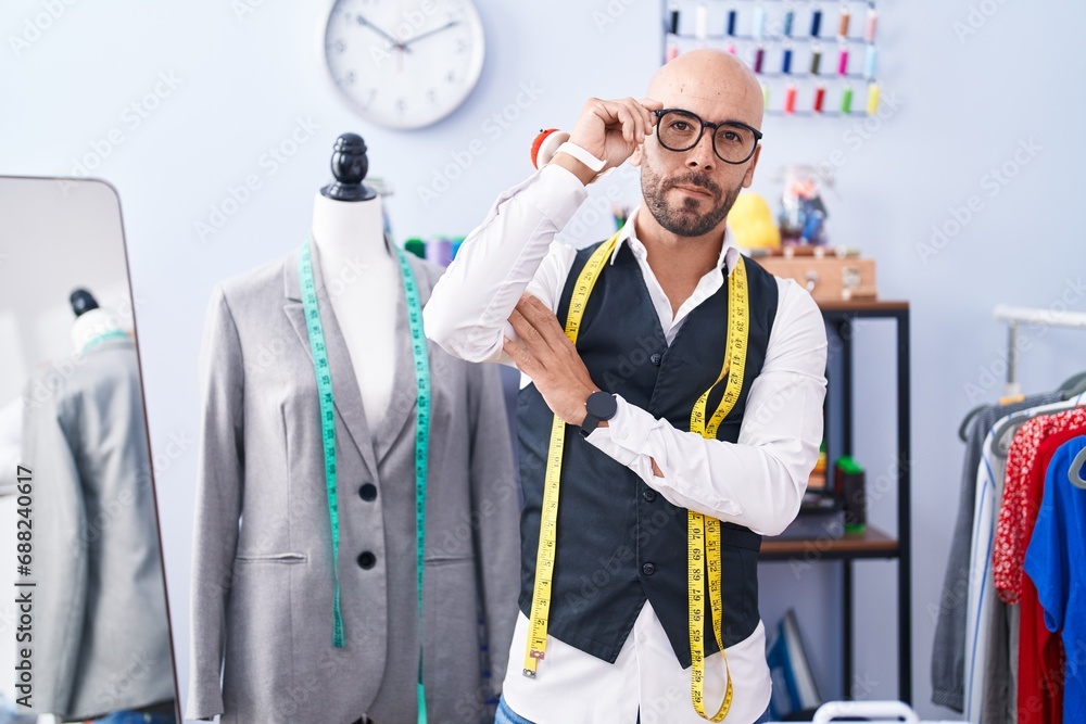 Young bald man tailor smiling confident standing with arms crossed gesture at tailor shop Young bald man tailor smiling confident standing with arms crossed gesture at tailor shop