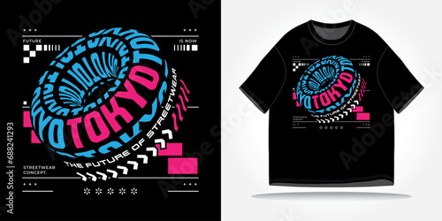 Tokyo japan streetwear tshirt slogan typography y2k, futuristic, future, cyberpunk, retrofuturism. Vector logo icon design illustration. Poster, background, clothing, sticker, badge, quote t-shirt photo
