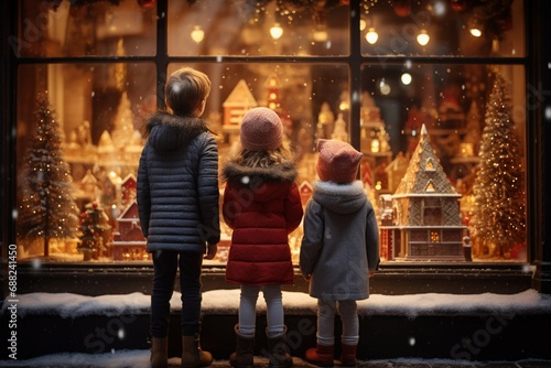 Rear view of little kids captivated by a Christmas decorated store shop window