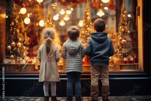 Rear view of little kids captivated by a Christmas decorated store shop window © Muhammad Shoaib