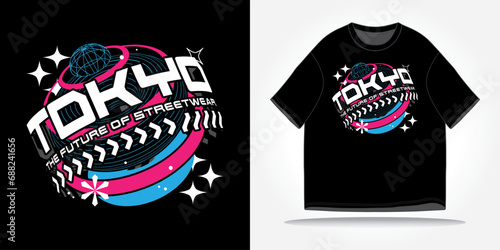 Tokyo japan streetwear tshirt slogan typography y2k, futuristic, future, cyberpunk, retrofuturism. Vector logo icon design illustration. Poster, background, clothing, sticker, badge, quote t-shirt