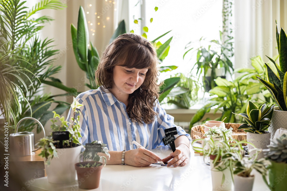 Domestic woman variegated monstera growing care writing sign plate names transplant seedlings Domestic woman variegated monstera growing care writing sign plate names transplant seedlings