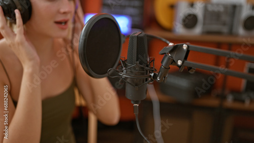 Young blonde woman musician wearing headphones singing song at music studio