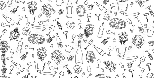 wine elements hand drawn, doodle and vector illustration icons set