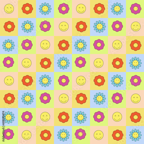 Wallpaper Mural Pattern of stylized retro flowers and emoticons. 80s and 90s style. I Vector made of colored square blocks. For flyers, covers and posters, brochures and advertising, web page design and social media. Torontodigital.ca