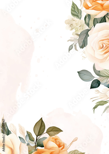 White and peach watercolor hand painted background template for Invitation with flora and flower