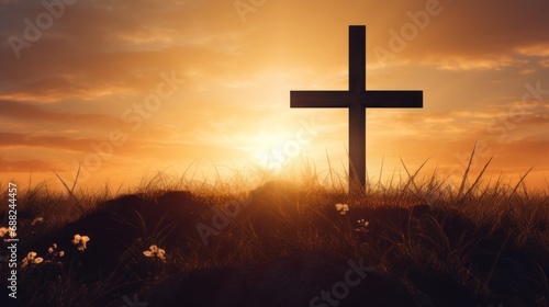 Silhouette Christian cross on grass in sunrise background