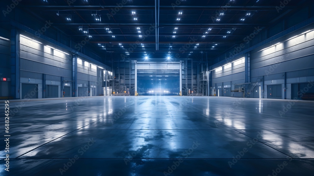 Modern empty industrial warehouse interior with closed shutter door and LED lighting. - obrazy, fototapety, plakaty 