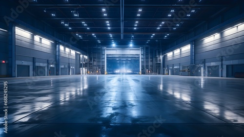 Modern empty industrial warehouse interior with closed shutter door and LED lighting. photo