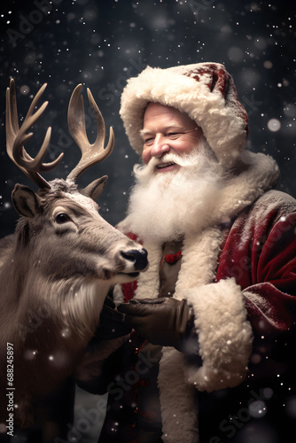 Photography of smiling Santa Claus with reindeer on snowing evening.