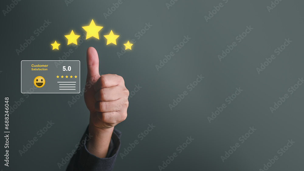 Customer satisfaction feedback review concept. Hand with thumb up Positive emotion happy smile face and five star with copy space. Customer service experience and business satisfaction survey. - obrazy, fototapety, plakaty 