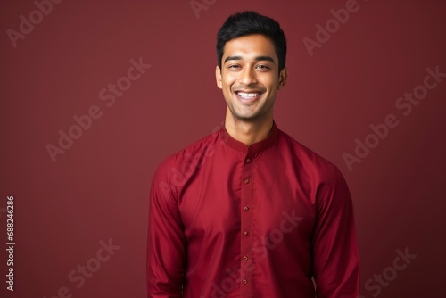 Young indian man smiling, wearing cheongsam, one color background, copy space . generative ai