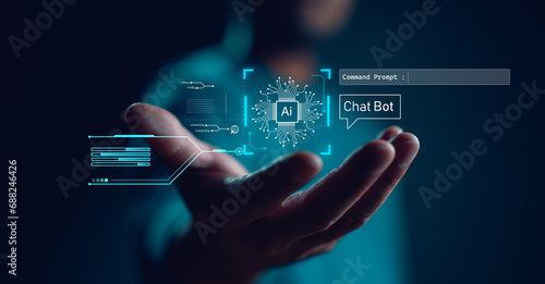 Ai tech, businessman show virtual graphic Global Internet connect Chat with AI, Artificial Intelligence. using command prompt for generates something, Futuristic technology transformation.
