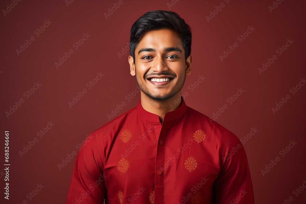 Young indian man smiling, wearing cheongsam, one color background, copy space . generative ai Young indian man smiling, wearing cheongsam, one color background, copy space . generative ai