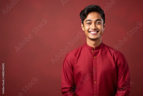 Young indian man smiling, wearing cheongsam, one color background, copy space . generative ai © Nia™