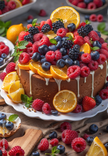 fruit cake with berries and citrus fruits  confectionery product
