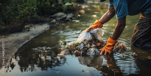 Close up people cleaning up rubbish in a river, keep the earth clean