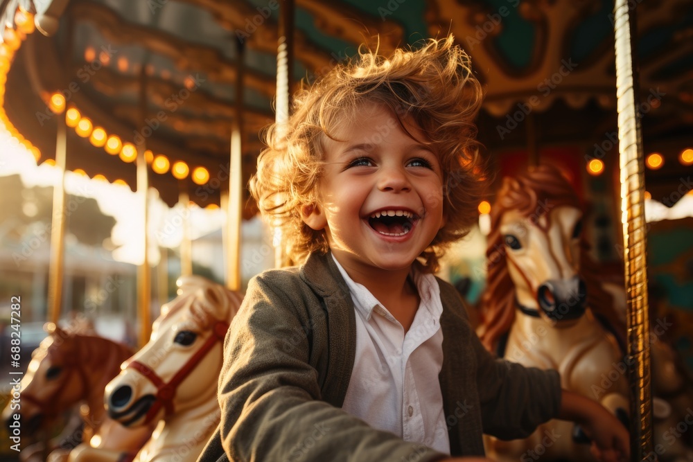 Cheerful young boy having fun at an amusement park playing carousel