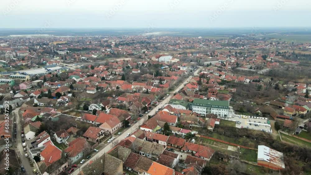 Aerial street view of town Zrenjanin, Serbia in cloudy winter day Aerial street view of town Zrenjanin, Serbia in cloudy winter day