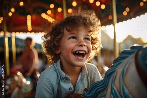 Cheerful young boy having fun at an amusement park playing carousel © piai