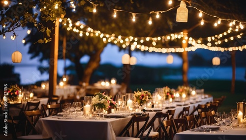 Cozy, ambient outdoor event in the evening - festive string lights, marquee tents, rustic wooden tables, lanterns, floral centerpieces photo