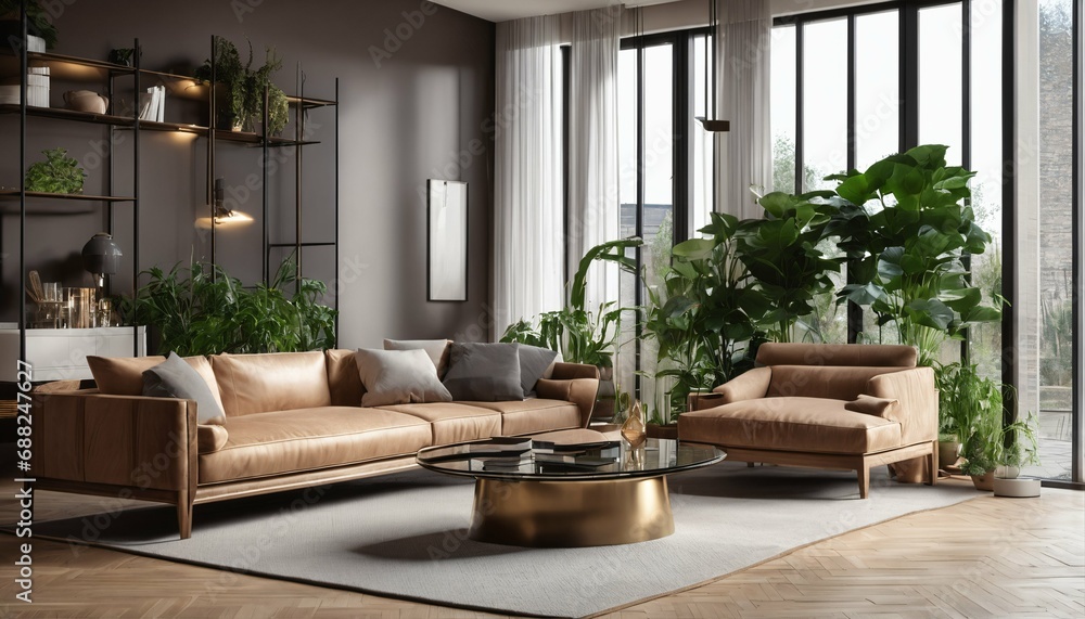 Contemporary living room in urban home - large windows, natural light, indoor plants, comfortable sofa, wooden furniture