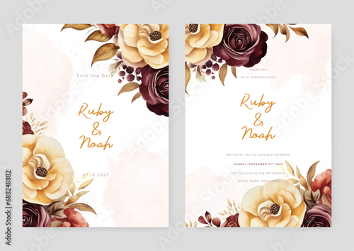 Red and beige peony modern wedding invitation template with floral and flower