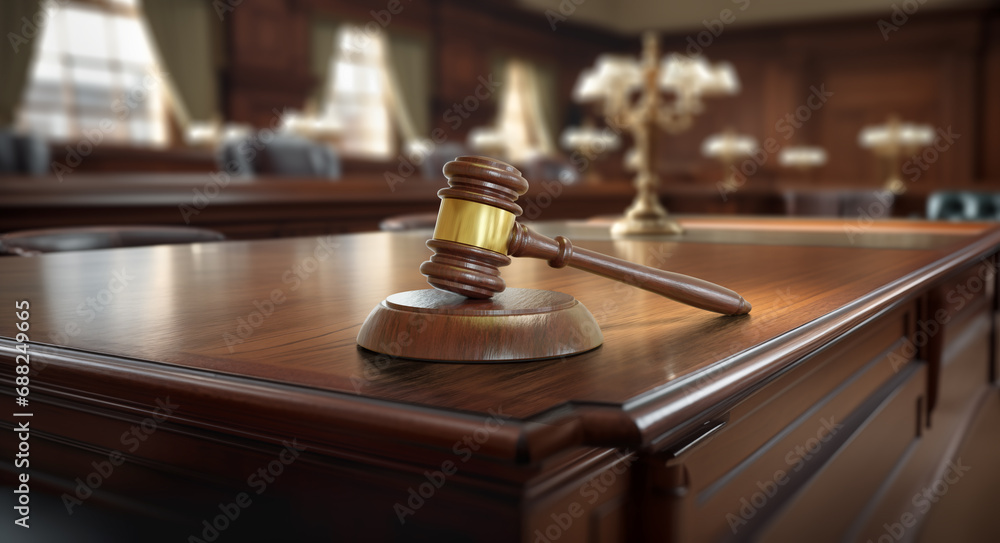 Fototapeta premium Gavel Resting on a Table Inside an Empty Courthouse.