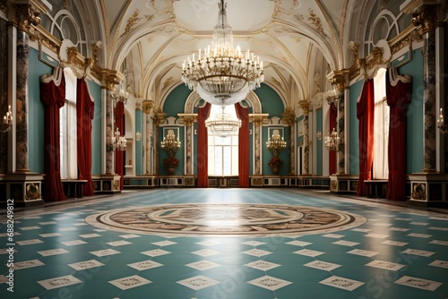 Elegant vintage ballroom interior with chandelier, ornate ceiling, and red drapes. © AdibaZR