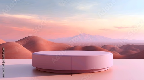 Empty round podium with a desert and mountain backdrop during sunset, ideal for product display.
